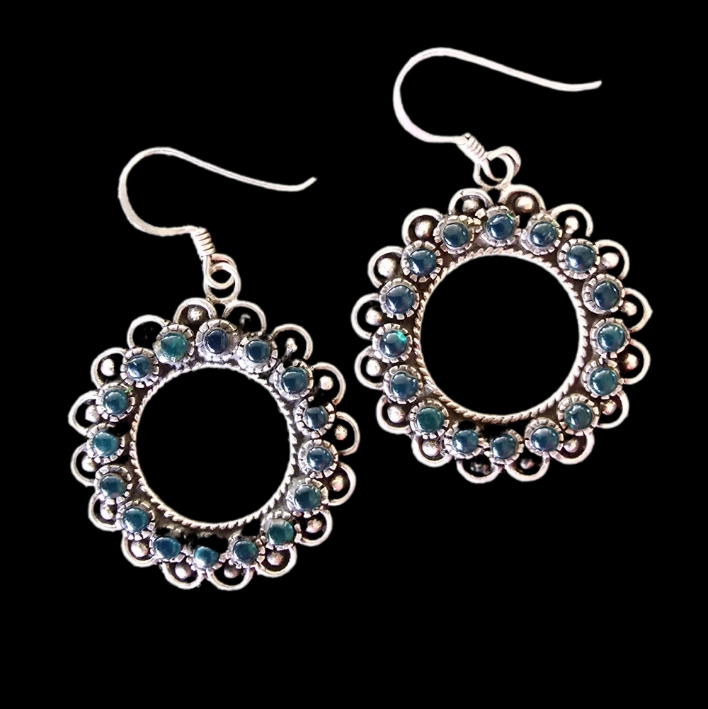 925 Silver Floral Circle Artisan Ethnic Earrings with Green Gemstone Accents